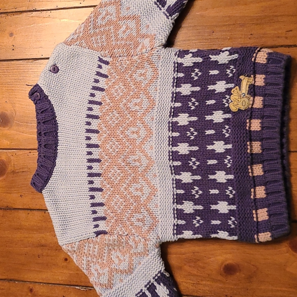 Blue and tan button necklace sweater